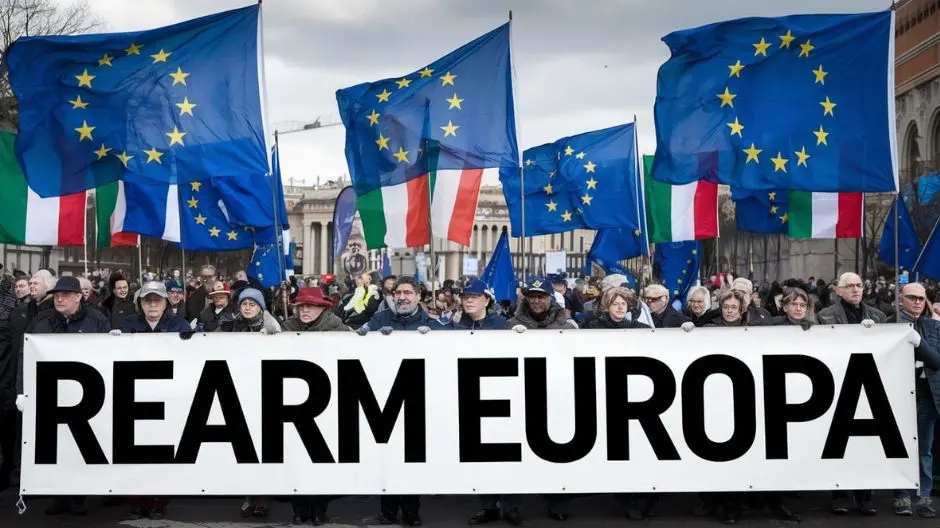 Manifestazione a Roma con manifestanti che reggono un grande striscione con la scritta 'REARM EUROPA', circondati da bandiere dell'Unione Europea e italiane.