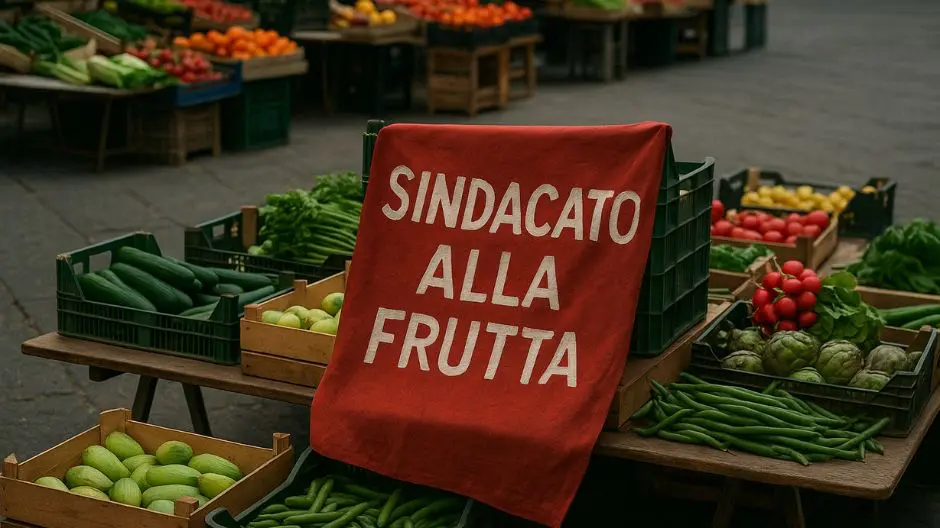 Banco di frutta e verdura primaverile in una piazza deserta, con un drappo rosso logoro che cade da una cassetta. Sullo sfondo, atmosfera di abbandono e silenzio sociale