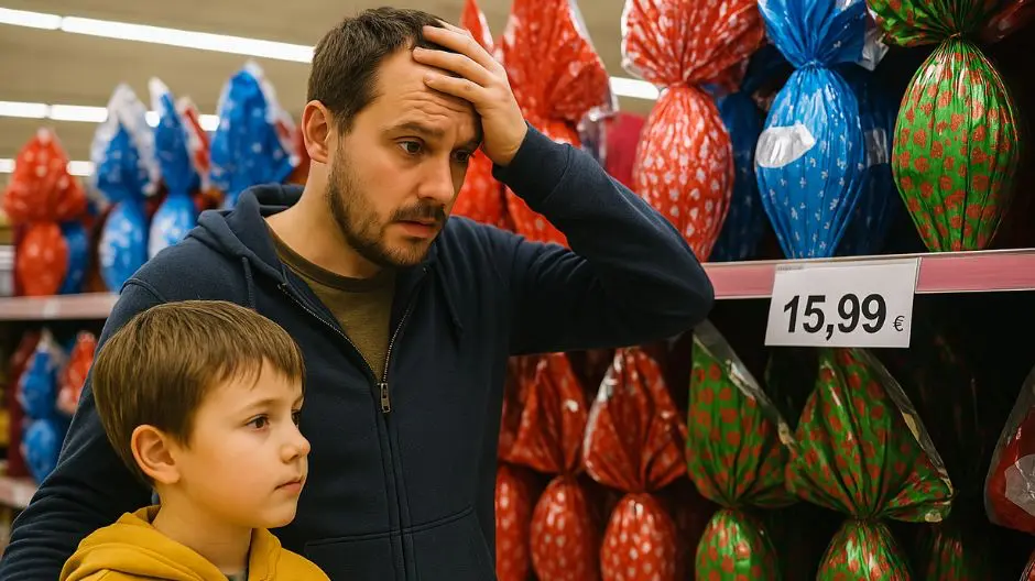 Padre operaio e figlio osservano sconsolati il prezzo delle uova di Pasqua in un supermercato. Il padre si mette una mano sulla testa, visibilmente preoccupato dal costo: 15,99 euro.