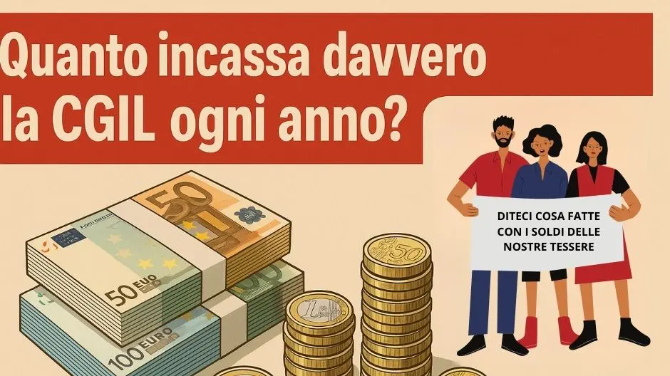 Immagine illustrata che rappresenta i presunti incassi annuali della CGIL attraverso pile di banconote e monete in euro. La scritta “Quanto incassa davvero la CGIL ogni anno?” sottolinea il tema della trasparenza finanziaria del sindacato. Sullo sfondo dei persone a richiamare l'opacità dei bilanci e la domanda sull’uso delle quote associative versate da lavoratori e pensionati.