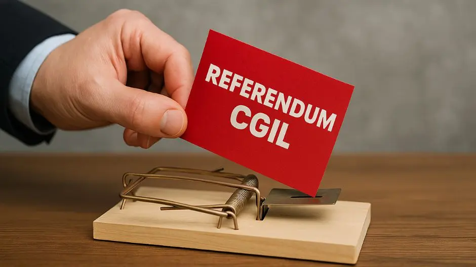 Una mano inserisce una scheda rossa con la scritta 'REFERENDUM CGIL' in una trappola per topi, simbolo del pericolo nascosto dietro la proposta referendaria promossa dalla CGIL