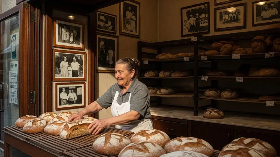 Una donna anziana sorridente sistema pagnotte rustiche appena sfornate su scaffali di legno. Alle pareti, vecchie foto di famiglia raccontano la tradizione del panificio. L'immagine trasmette l'aroma del pane fresco e il calore di un'attività a conduzione familiare, concentrandosi sull'arte della panificazione.