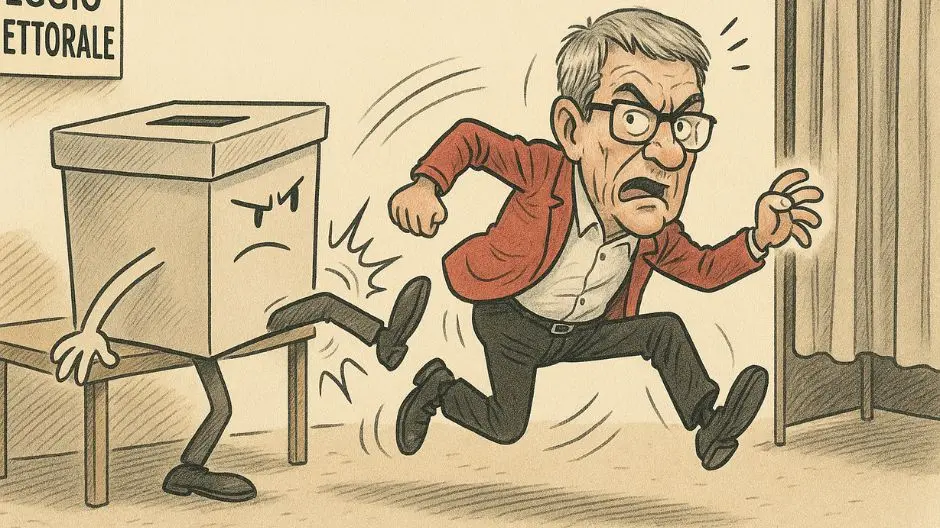 Illustrazione in stile vignetta mostra una scatola elettorale con un'espressione corrucciata che sferra un calcio a un uomo con occhiali, capelli grigi e giacca rossa, che sembra essere Maurizio Landini, raffigurato con un'espressione di dolore e sorpresa mentre viene sbalzato all'indietro. Sullo sfondo si intravede la scritta 