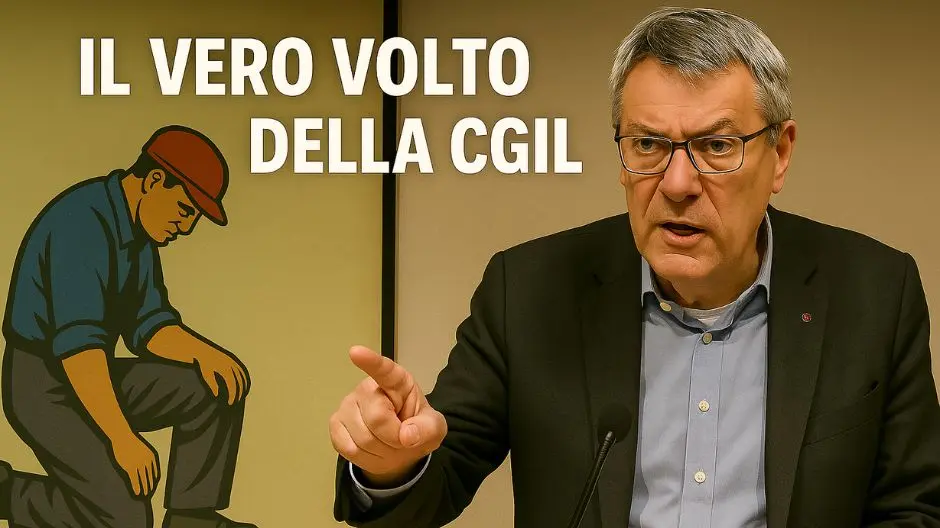 Il segretario della CGIL, Maurizio Landini, in giacca e occhiali, punta il dito mentre parla. Un lavoratore con un caschetto protettivo, in ginocchio e con il capo chino è sottomesso al vero volto della CGIL