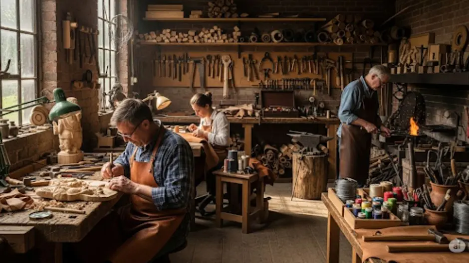 Artigiani al lavoro in una bottega tradizionale, con attrezzi e materiali in evidenza.