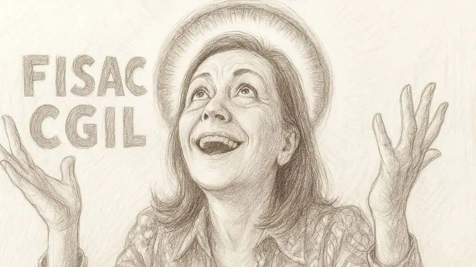 donna di mezza età con espressione estatica, lo sguardo rivolto verso l’alto e un’aureola luminosa intorno alla testa. Le mani sono sollevate, i palmi aperti in segno di esaltazione. Sullo sfondo, a sinistra, la scritta “FISAC CGIL”
