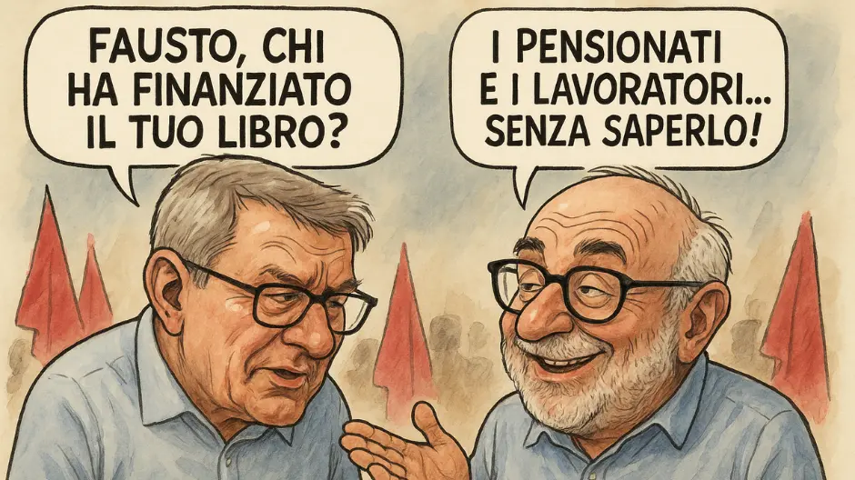 Fausto Durante, segretario della CGIL Sarda parla con Maurizio Landini. Maurizio Landini chiede: Fausto chi ha finanziato il tuo libro? Fausto Durante risponde: I pensionati e i lavoratori... senza saperlo!