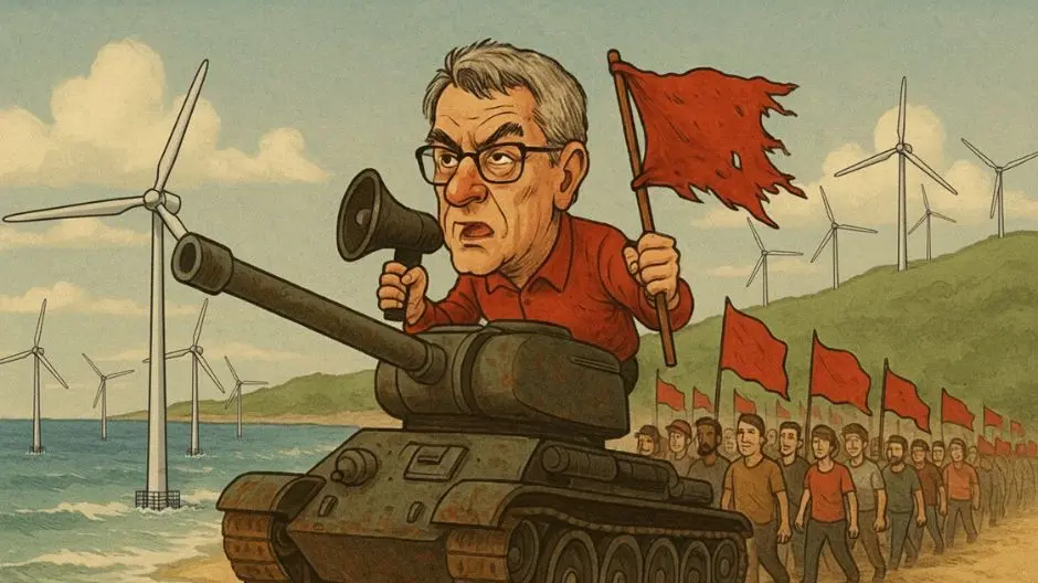 Caricatura Landini CGIL FIOM su carro armato all’assemblea e corteo in Sardegna