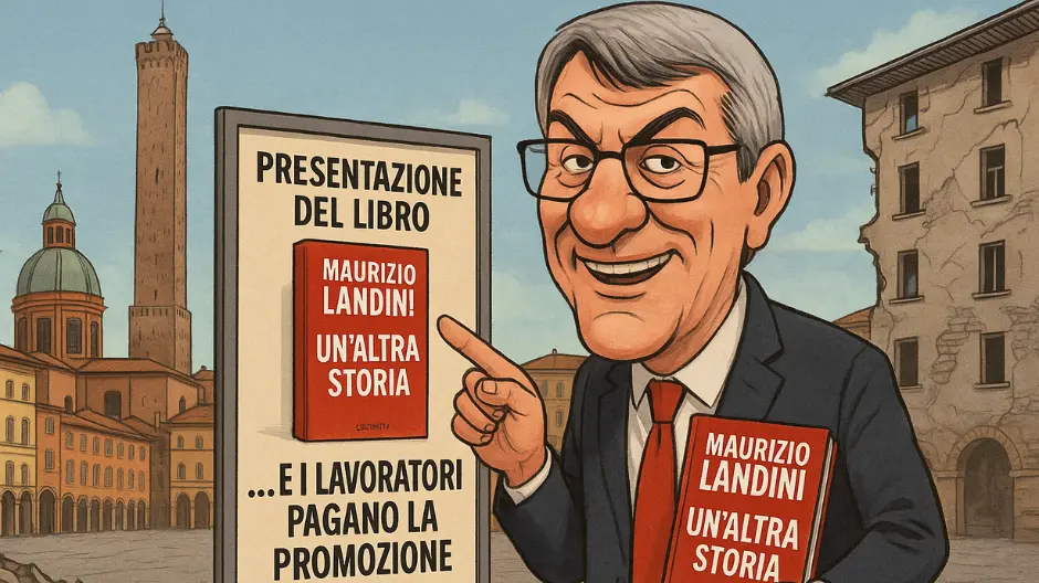 Caricatura di Maurizio Landini nel centro di Bologna durante la presentazione del suo libro “Un’altra storia”, con cartellone satirico che recita “