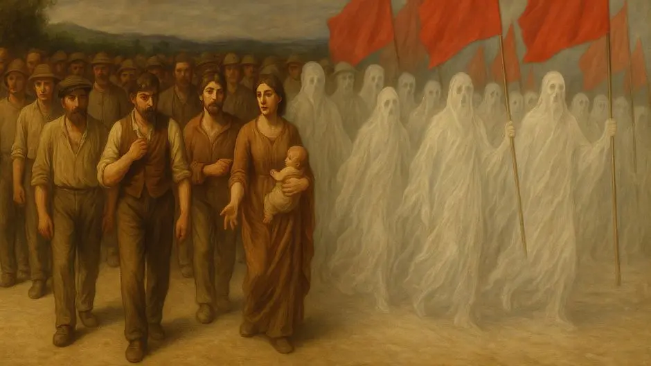 Illustrazione ispirata al Quarto Stato che mostra la trasformazione dei lavoratori in figure spettrali con bandiere rosse, simbolo degli iscritti fantasma della CGIL.