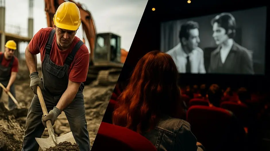 Operai al lavoro e pubblico al cinema, simbolo dell’uso dei fondi pubblici in Sardegna