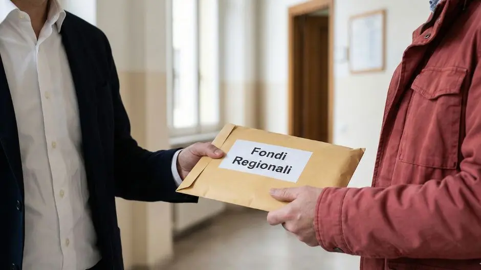 Una mano consegna una busta con la scritta ‘Fondi Regionali’ a un’altra persona, in un corridoio istituzionale.