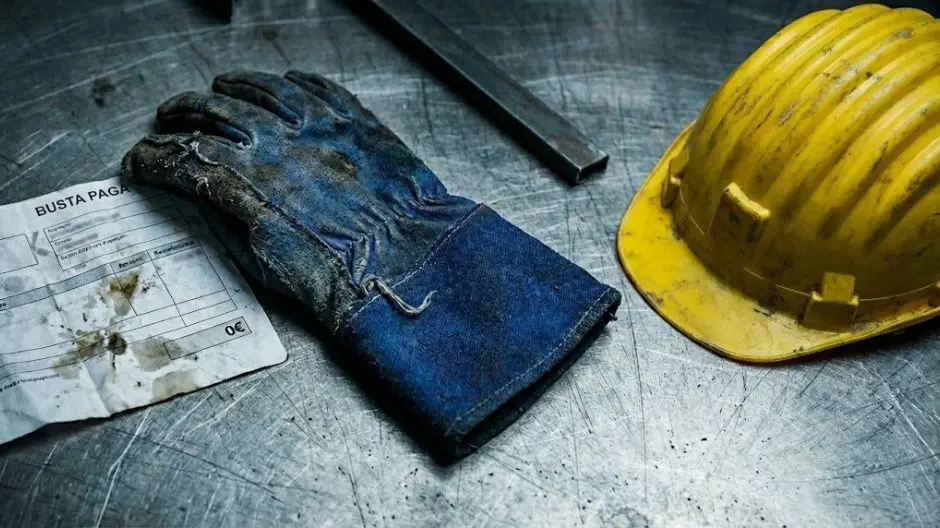 Guanto da lavoro logoro su banco metallico e busta paga a zero euro, simbolo della beffa del rinnovo contratto metalmeccanici 2027.