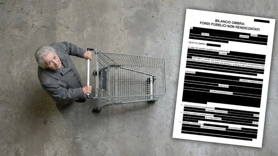 Documento di bilancio oscurato e carrello vuoto, simbolo di mancata rendicontazione