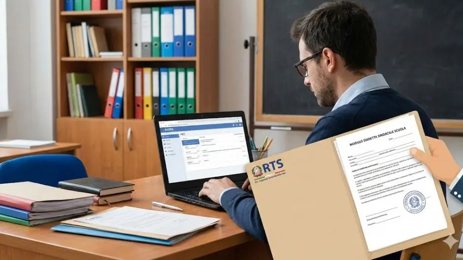 Insegnante compila modulo disdetta sindacale scuola su scrivania con pc aperto su NoiPA e pratica RTS