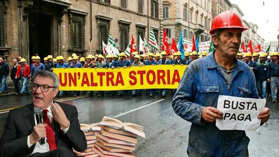 Maurizio Landini con microfono e pila di libri in primo piano, sullo sfondo operai in corteo con striscione Un'altra storia e cartello Busta Paga.