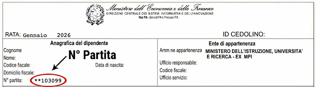 Esempio cedolino NoiPA dove trovare il numero partita e ID cedolino