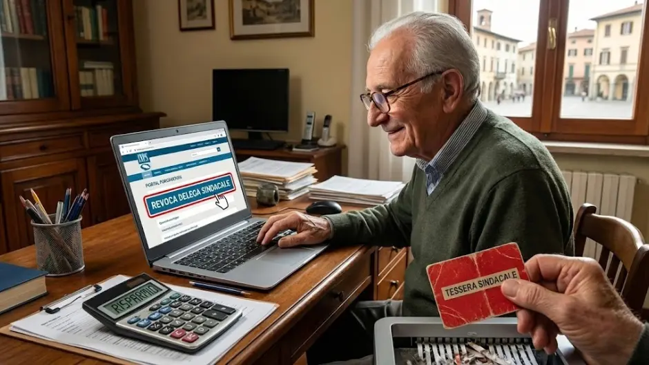 Pensionato sorridente al computer effettua la disdetta sindacale INPS online tenendo in mano la tessera e una calcolatrice per il risparmio.