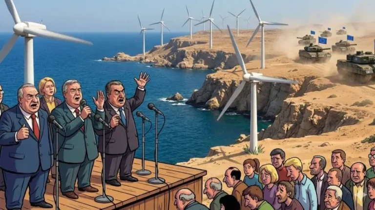 Tribuni sindacali davanti a pale eoliche e carri armati nel paesaggio sardo