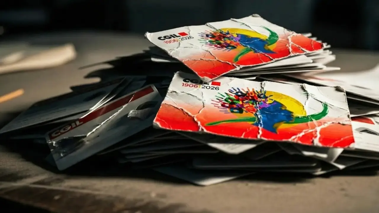Pila di tessere CGIL stracciate e rovinate, simbolo delle disdette di massa