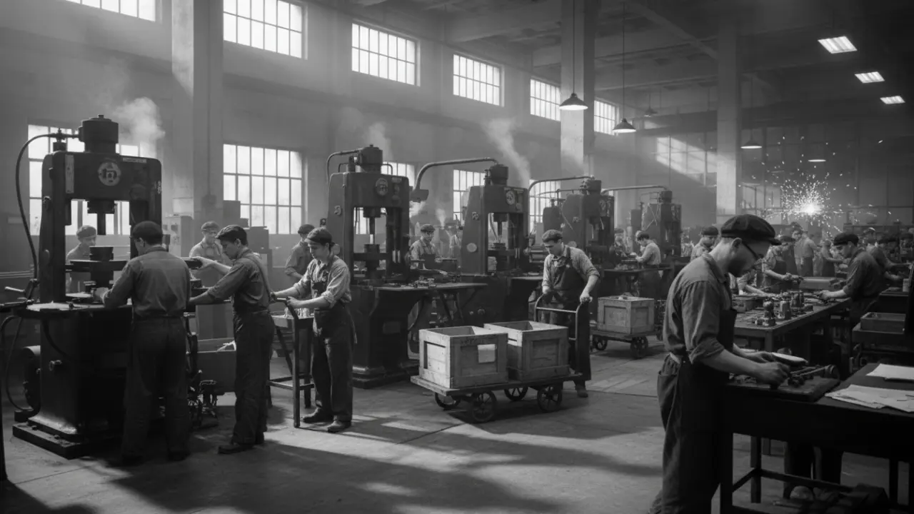 Foto in bianco e nero che ritrae numerosi operai al lavoro su macchinari industriali in una grande fabbrica illuminata da finestroni.