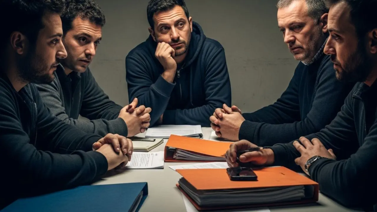 Scena di una riunione sindacale riservata. Un infiltrato registra di nascosto il dibattito, con documenti sparsi sul tavolo.