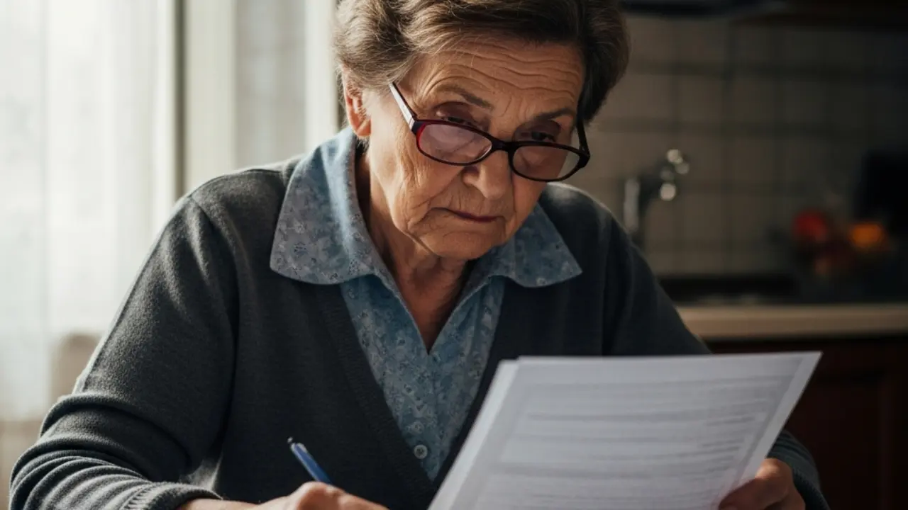 Primo piano di donna anziana italiana che esamina con attenzione moduli INPS riguardanti l'Assegno Sociale