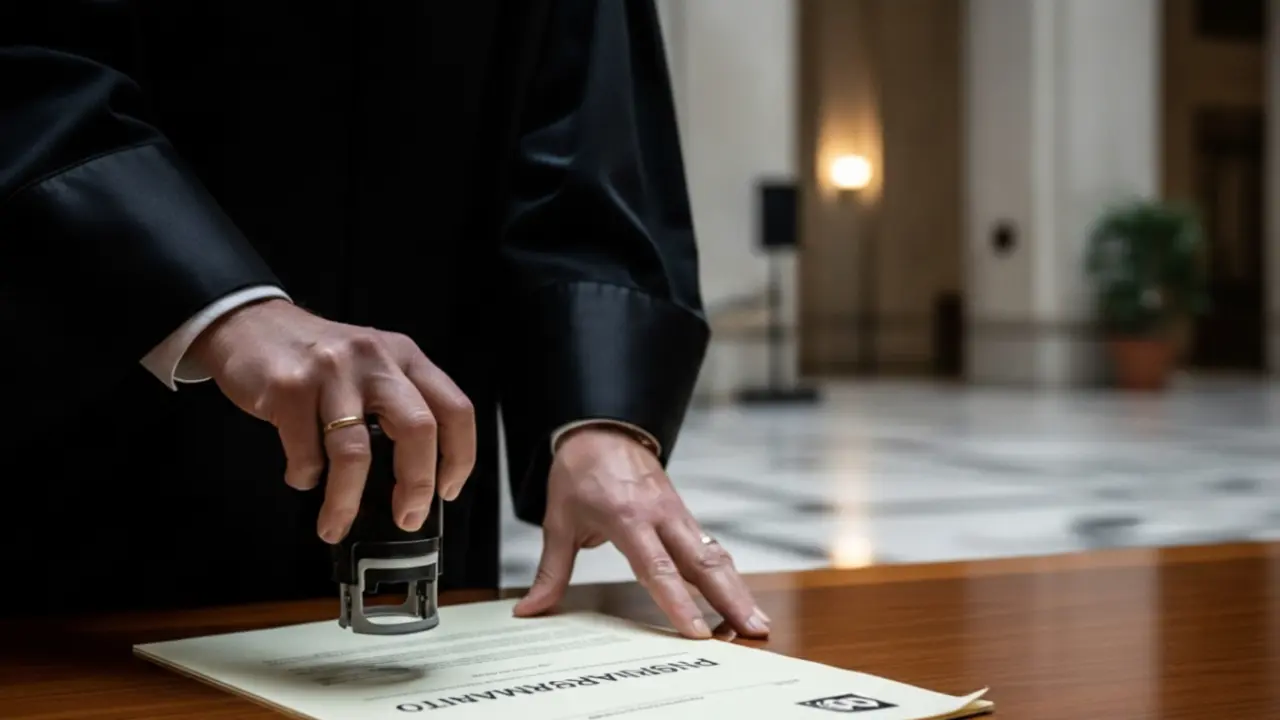 Persona in abito formale che timbra un ordine per il pignoramento. L'azione rappresenta la validazione legale di un atto contro la CGIL che non aveva pagato il TFR ad un suo dipendente.