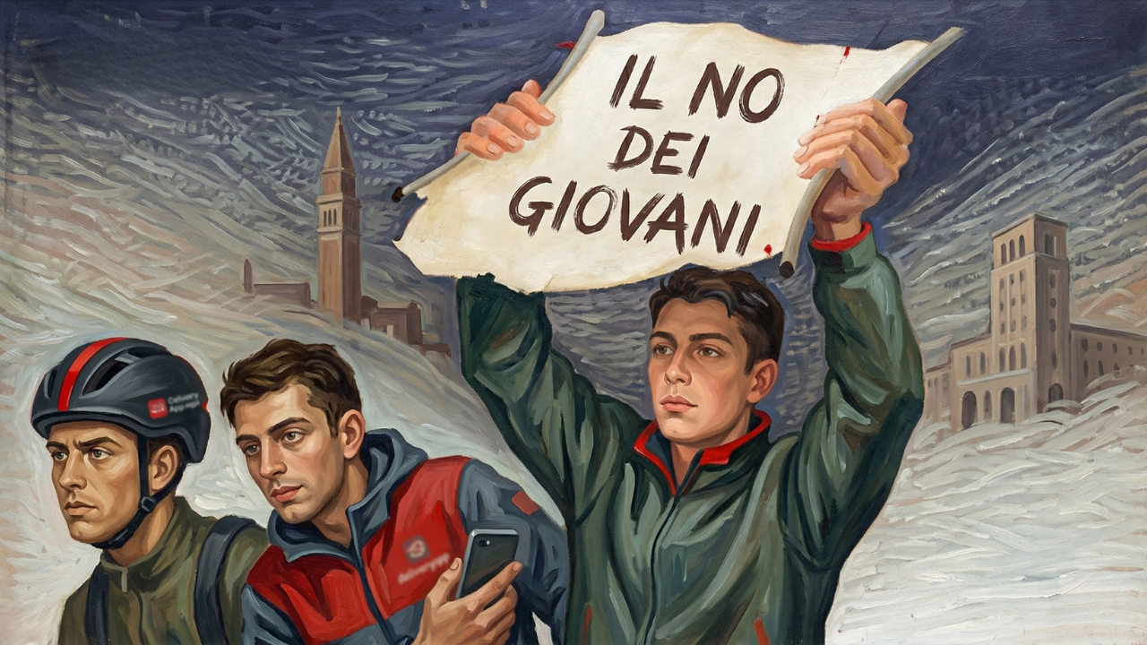 Dipinto futurista dinamico di tre giovani rider italiani. Uno di loro tiene sollevato un cartello di carta consumata con il testo 'IL NO DEI GIOVANI