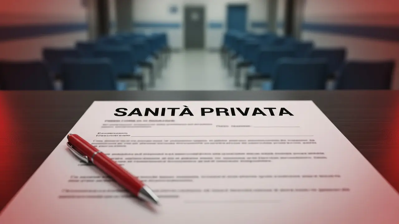 Documento SANITA PRIVATA e penna rossa in primo piano, in contrasto con una sala d'attesa pubblica al collasso sullo sfondo.