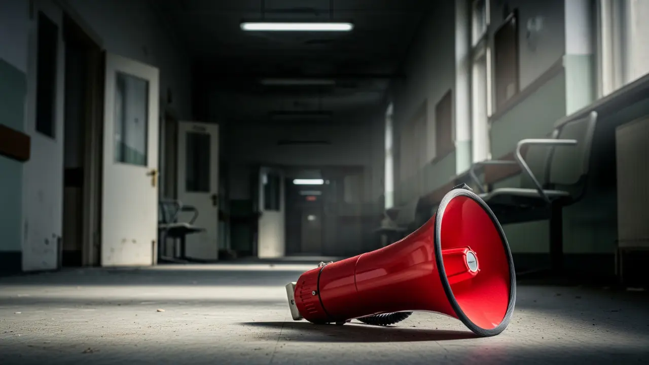 Megafono rosso abbandonato sul pavimento di un corridoio d'ospedale vuoto e in rovina.
