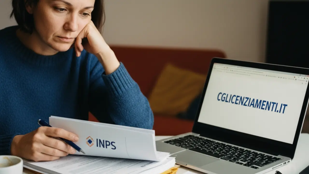 Donna preoccupata consulta documenti INPS e laptop con il sito CGLicenziamenti.it, cercando supporto.
