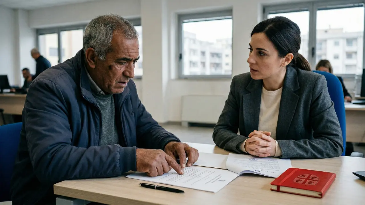 In un ufficio moderno, un anziano imprenditore e una funzionaria esaminano insieme un contratto di appalto