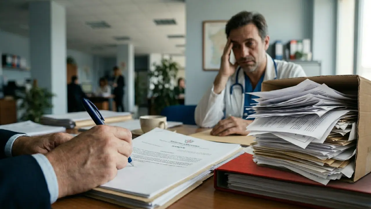 Inquadratura di mani maschili che firmano un documento su una scrivania con un faldone rosso istituzionale in un ufficio