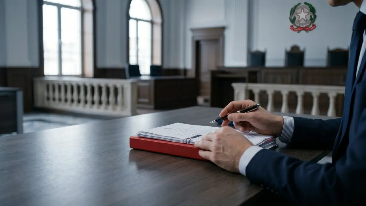 Primo piano di mani che firmano atti legali con un faldone rosso in aula di tribunale italiana.