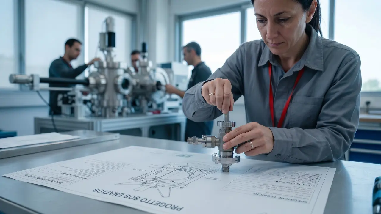 Primo piano di mani che lavorano a precisione metallica, con documento 