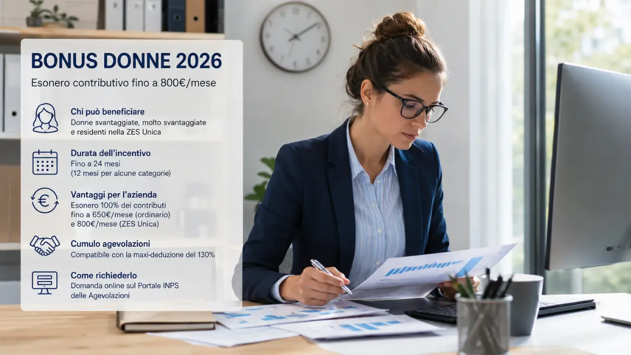 Manager donna analizza documenti aziendali in ufficio durante una procedura di assunzione agevolata con il Bonus Donne 2026 e l'esonero contributivo per le imprese.