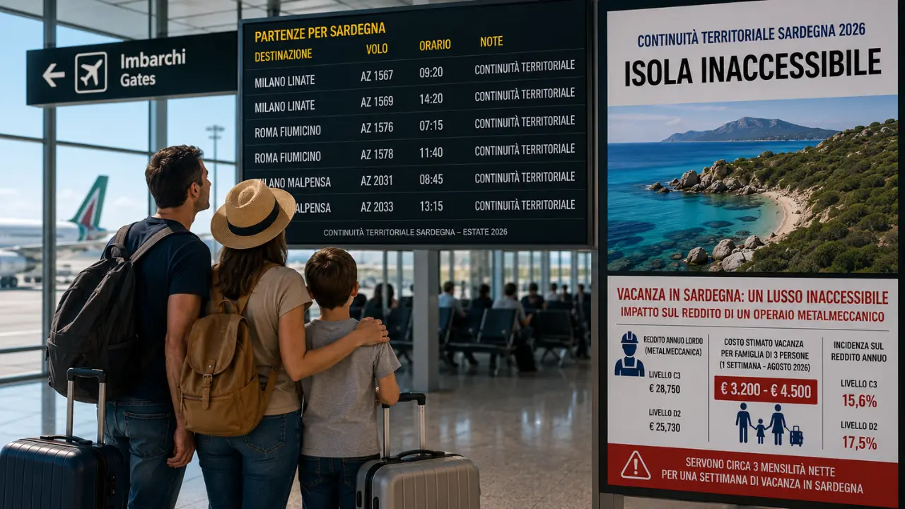 Famiglia in aeroporto davanti ai tabelloni dei voli per la Sardegna con tariffe elevate estate 2026 e continuità territoriale che rende l’isola sempre meno accessibile ai non residenti.