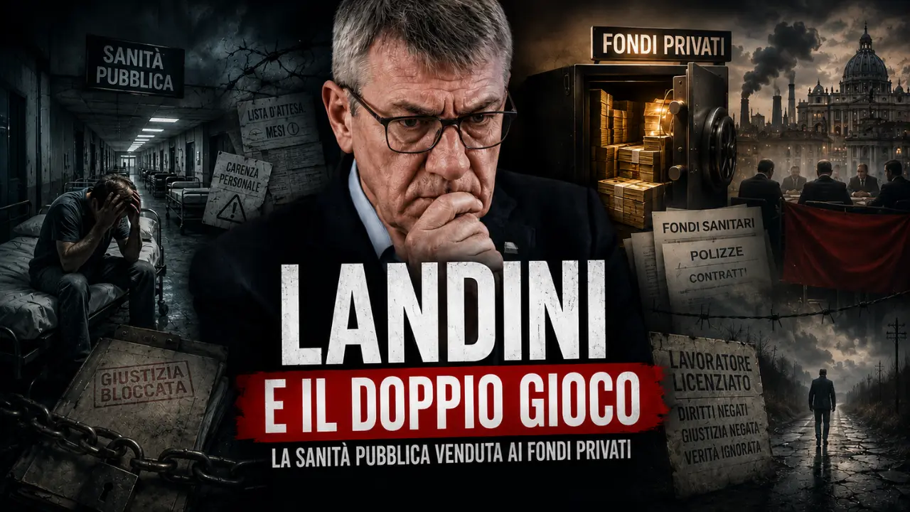 Maurizio Landini al centro di una scena simbolica sulla crisi della sanità pubblica e la crescita dei fondi sanitari privati in Italia.