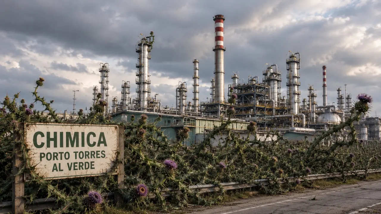 Impianti industriali di Porto Torres circondati da cardi spinosi con il cartello 