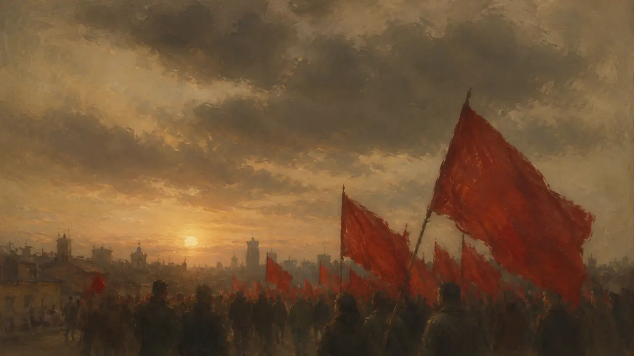 Corteo di lavoratori con bandiere rosse al tramonto sotto un cielo carico di nuvole, simbolo della crisi della rappresentanza sindacale e del declino della fiducia nel sindacato.