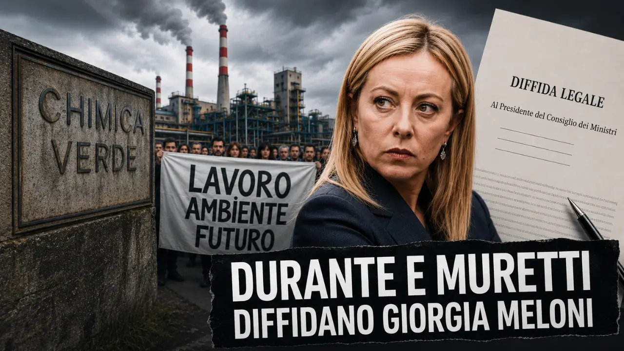 Giorgia Meloni e la diffida sulla Chimica Verde di Porto Torres, con impianto industriale e documento legale in primo piano.