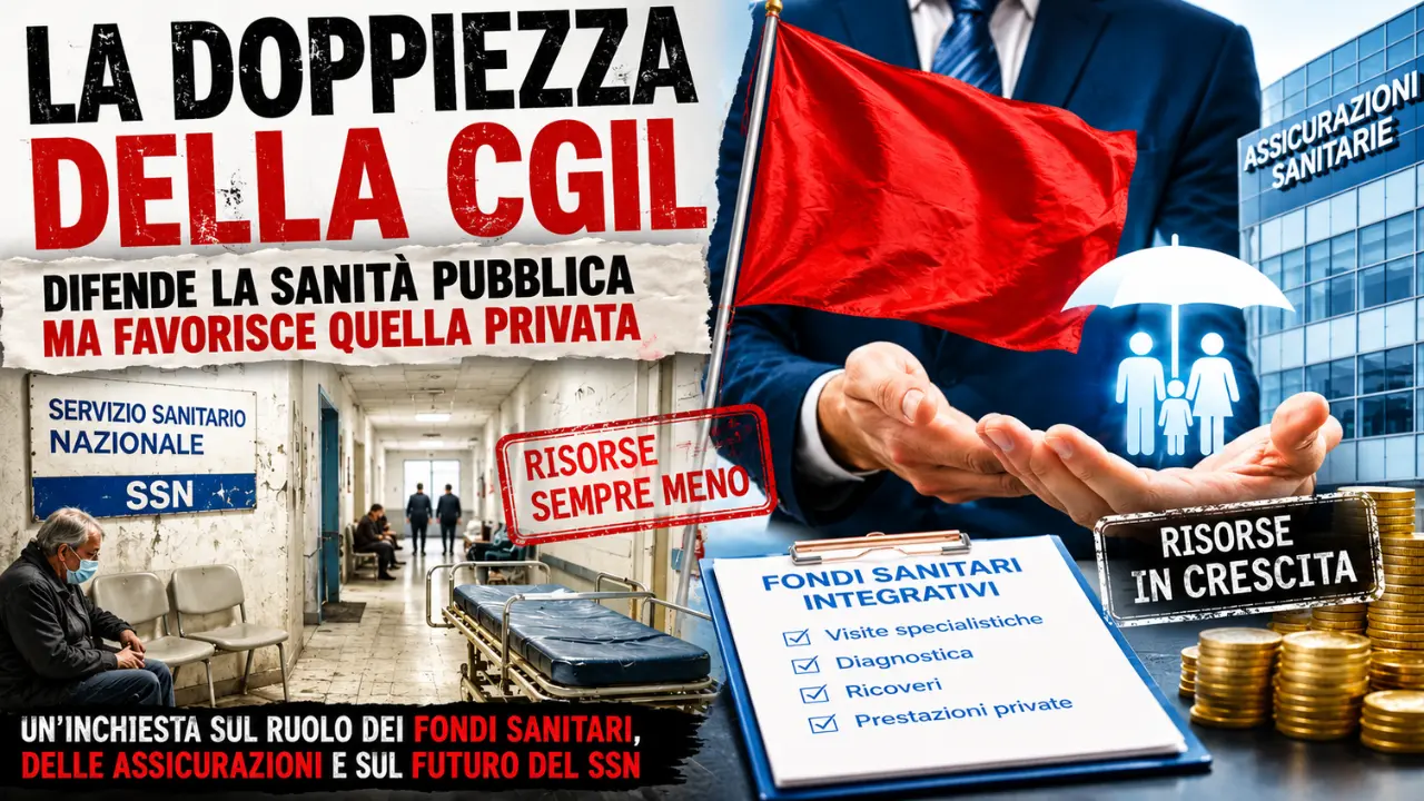 Illustrazione sulla doppiezza della CGIL nella sanità: fondi sanitari integrativi, assicurazioni private e progressivo indebolimento del Servizio Sanitario Nazionale.