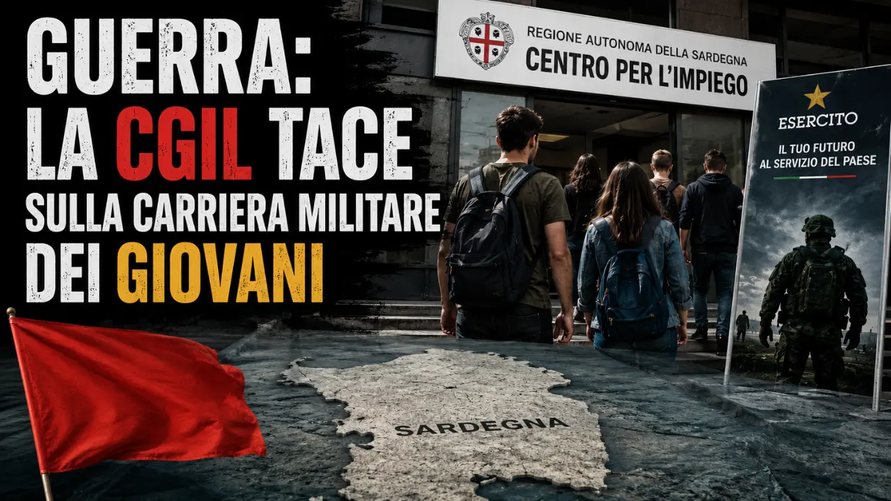 Giovani davanti a un Centro per l'Impiego con un manifesto dell'Esercito sullo sfondo. Immagine utilizzata per un articolo dedicato all'accordo tra Regione Sardegna ed Esercito e al dibattito sul ruolo della CGIL.