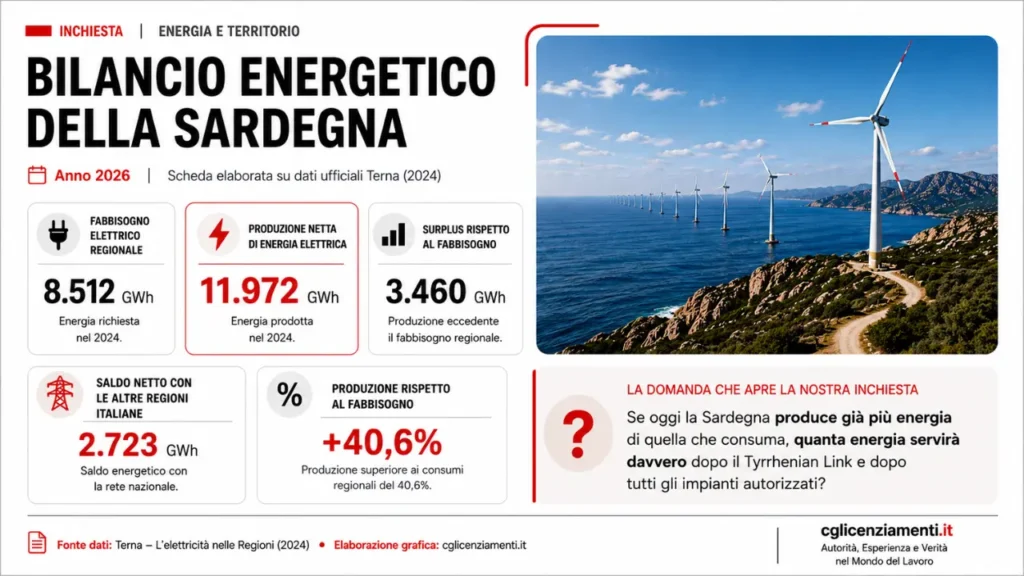 Bilancio energetico della Sardegna nel 2026 elaborato su dati ufficiali Terna 2024: fabbisogno, produzione elettrica, surplus rispetto al fabbisogno e saldo con le altre regioni italiane.