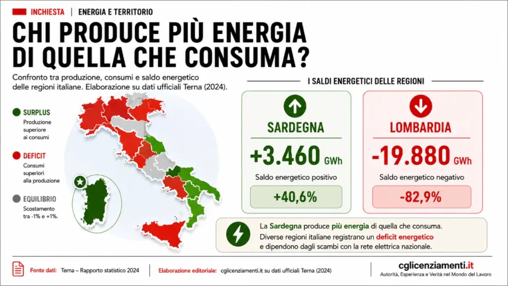 Confronto tra produzione, consumi e saldo energetico delle regioni italiane con evidenza del surplus della Sardegna.