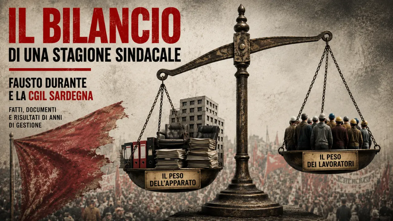 Bilancia che raffigura il peso dell'apparato sindacale contrapposto al peso dei lavoratori, simbolo del bilancio della segreteria di Fausto Durante alla guida della CGIL Sardegna.