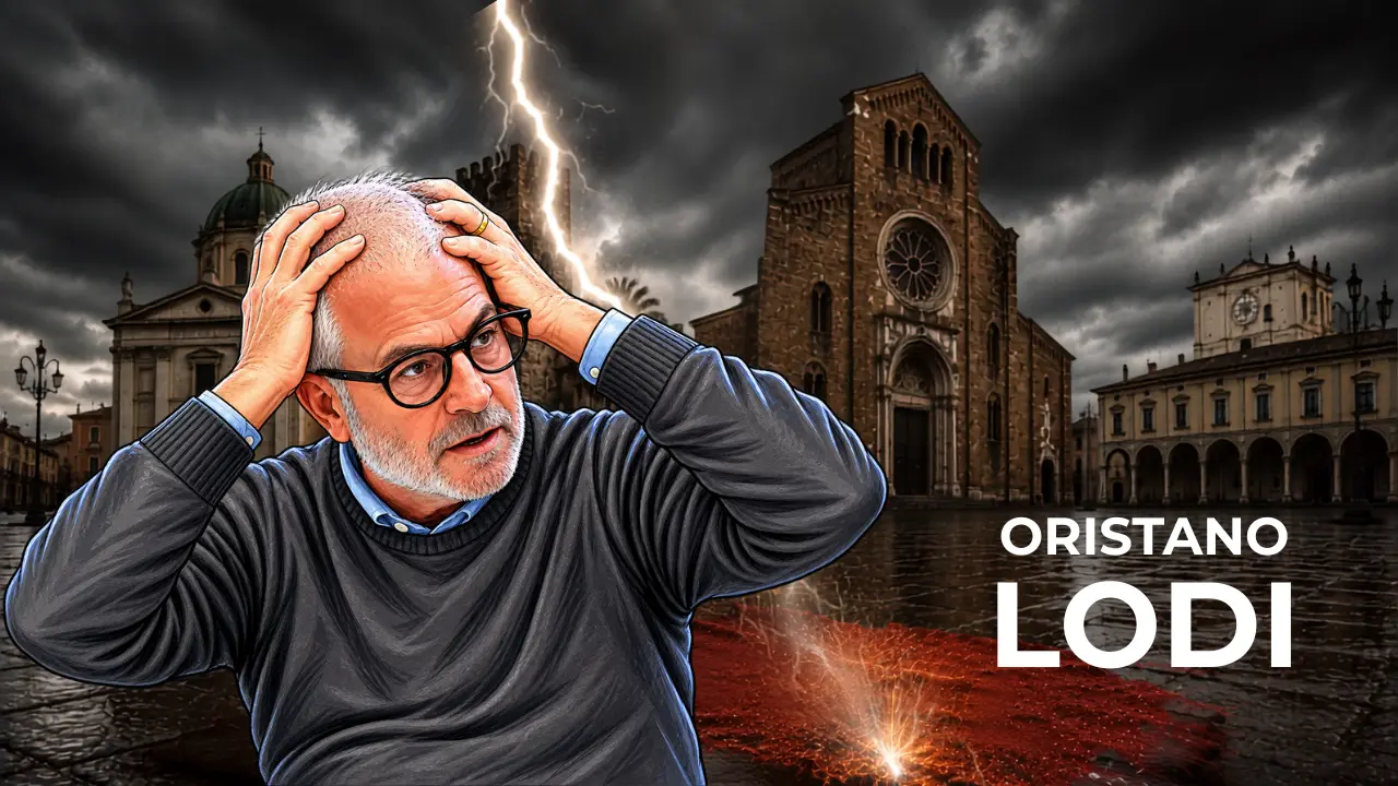 Illustrazione di un dirigente sindacale tra Oristano e Lodi sotto un fulmine
