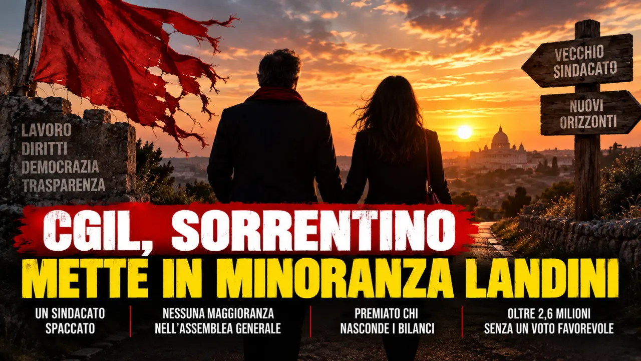 Due persone viste di spalle si tengono per mano al tramonto davanti a una bandiera rossa strappata, simbolo della crisi della CGIL e della minoranza di Landini.