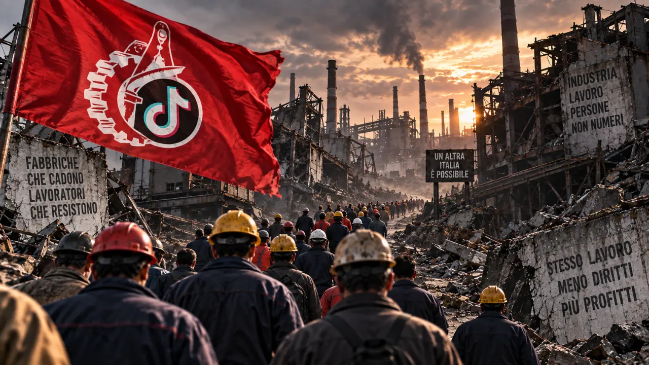 Manifestazione di lavoratori visti di spalle mentre percorrono un sentiero tra fabbriche in rovina, con una bandiera rossa raffigurante un ingranaggio e il simbolo di TikTok.